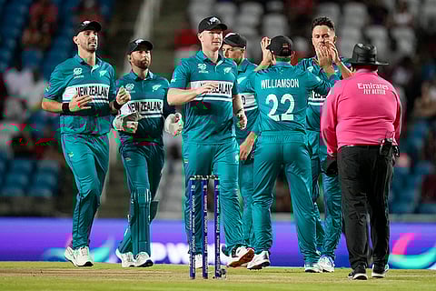 New Zealand players celebrate Johnson Charles wicket